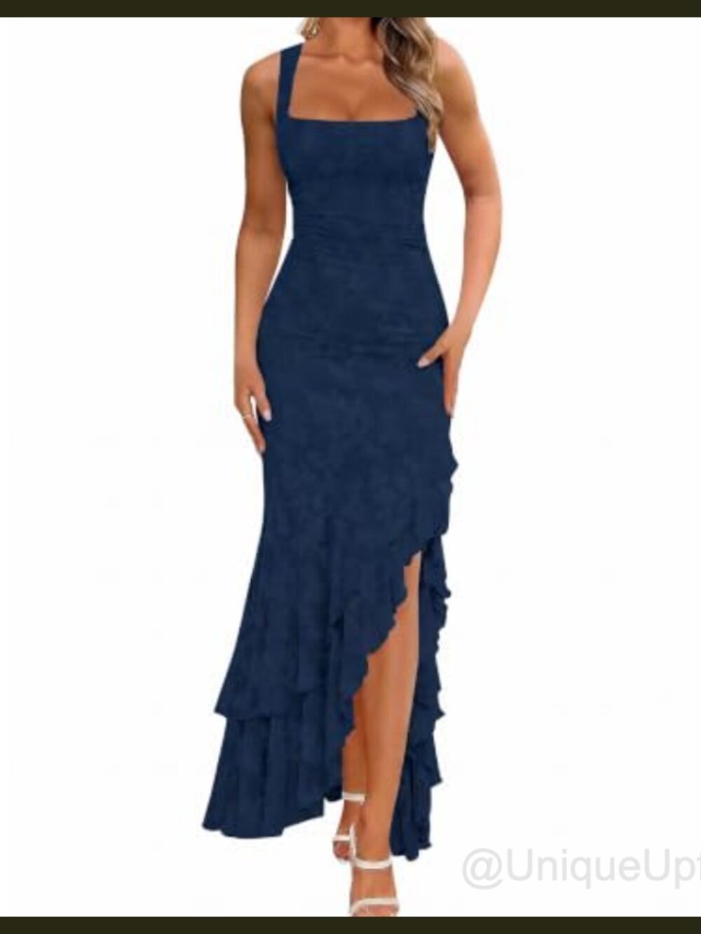 Ruched Floral Maxi Dress Square Neck High Slit Sleeveless Party